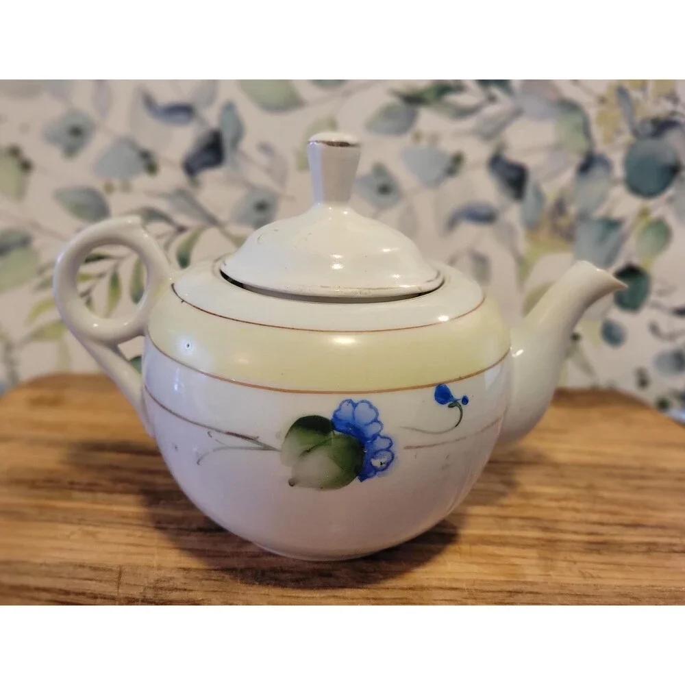 Antique Hand Painted Blue Floral Porcelain Teapot - 1930s Japan Blue Lusterware